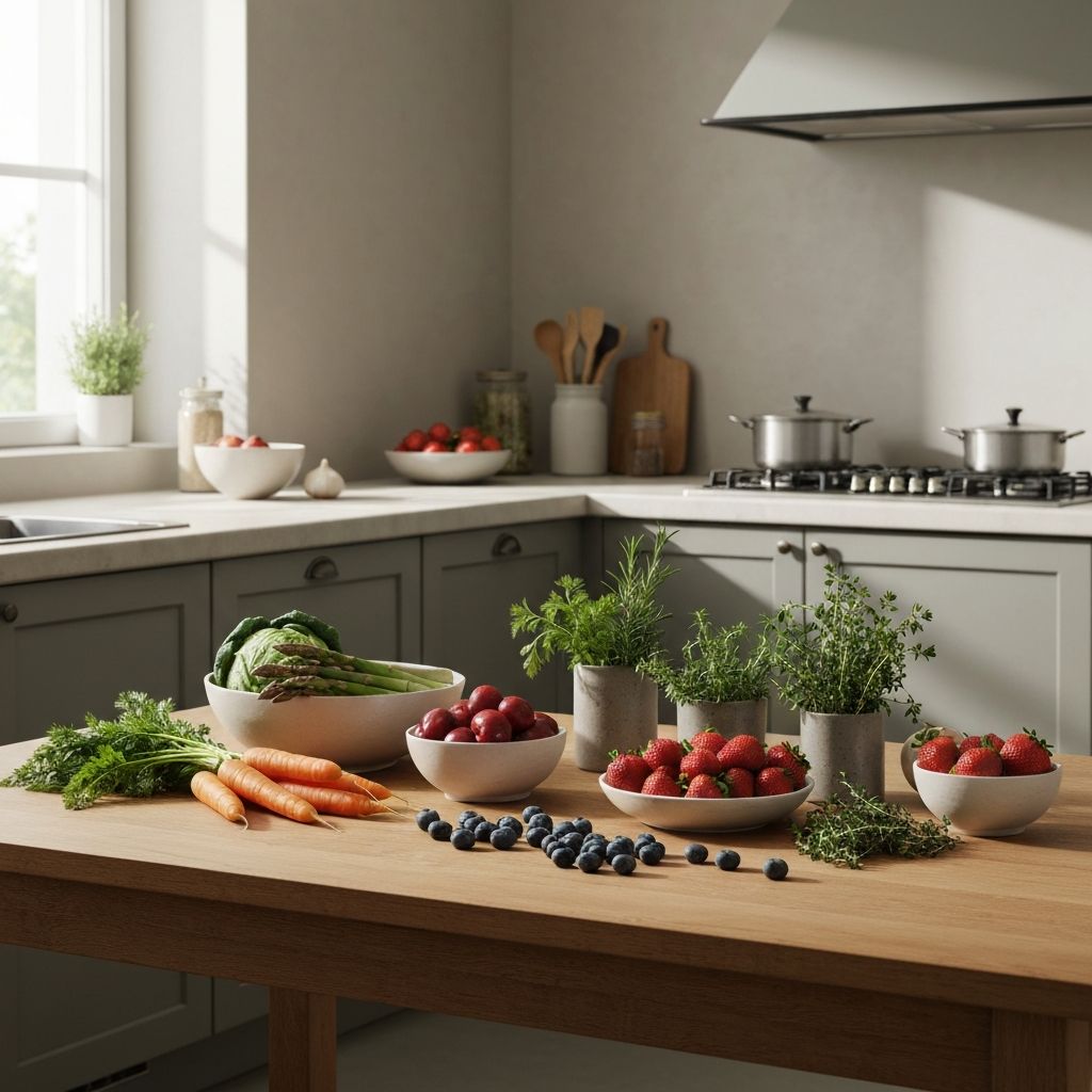 Skandinavisk kök med naturliga produkter och friska grönsaker