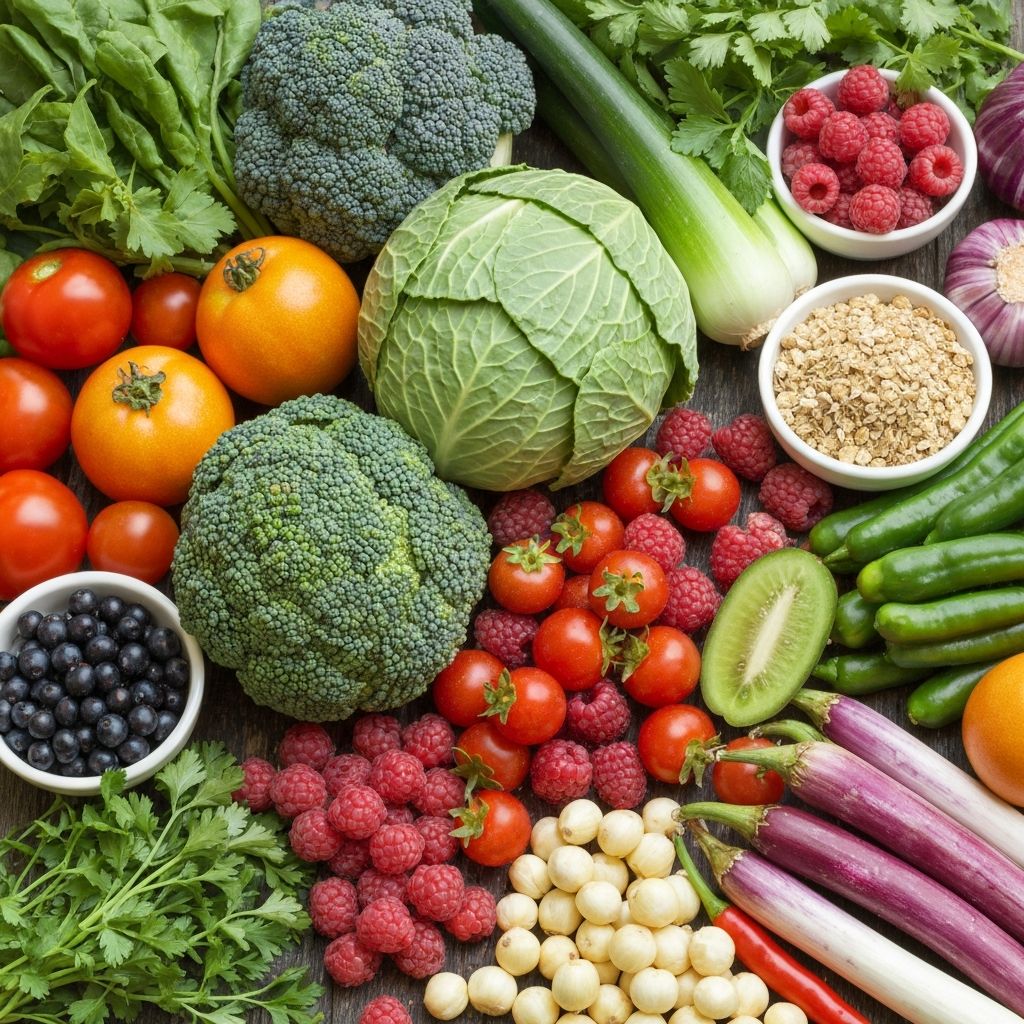 Varierat urval av vitaminer och mineral från färgglada grönsaker och frukter